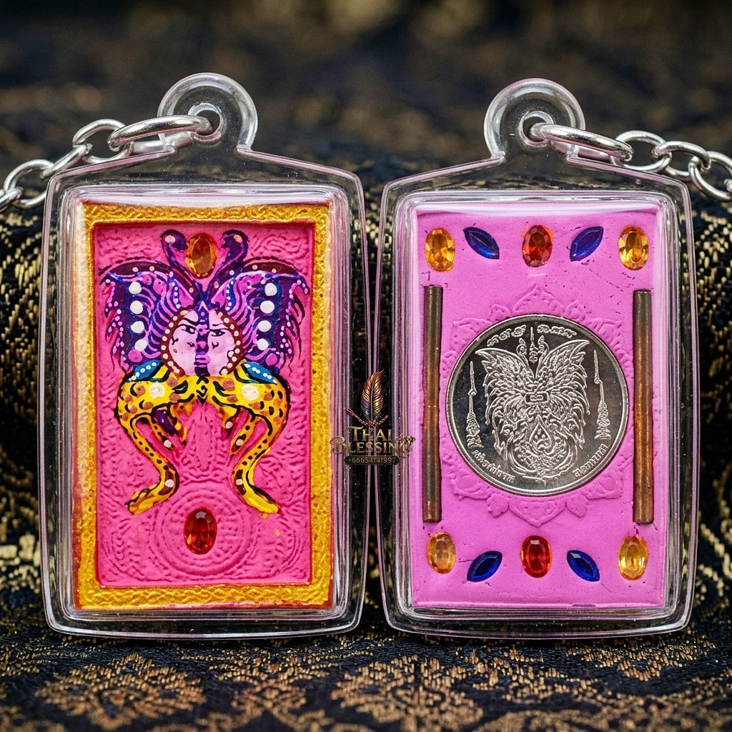 Authentic Thai Amulet "King of Butterflies Thep Chamlaeng Phamon Sacred Pink Powder Pendant" Consecrated by Kruba Krissana Intawanno, Weruwan Monastery B.E. 2555 (2012) - Encrusted with Gemstones, Dual Takrut & Sacred Silver Butterfly Coin