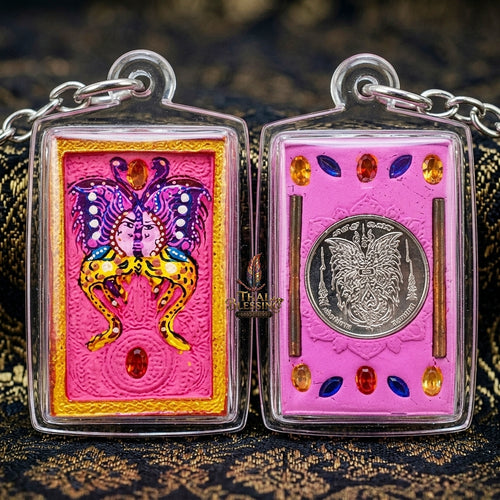Authentic Thai Amulet "King of Butterflies Thep Chamlaeng Phamon Sacred Pink Powder Pendant" Consecrated by Kruba Krissana Intawanno, Weruwan Monastery B.E. 2555 (2012) - Encrusted with Gemstones, Dual Takrut & Sacred Silver Butterfly Coin
