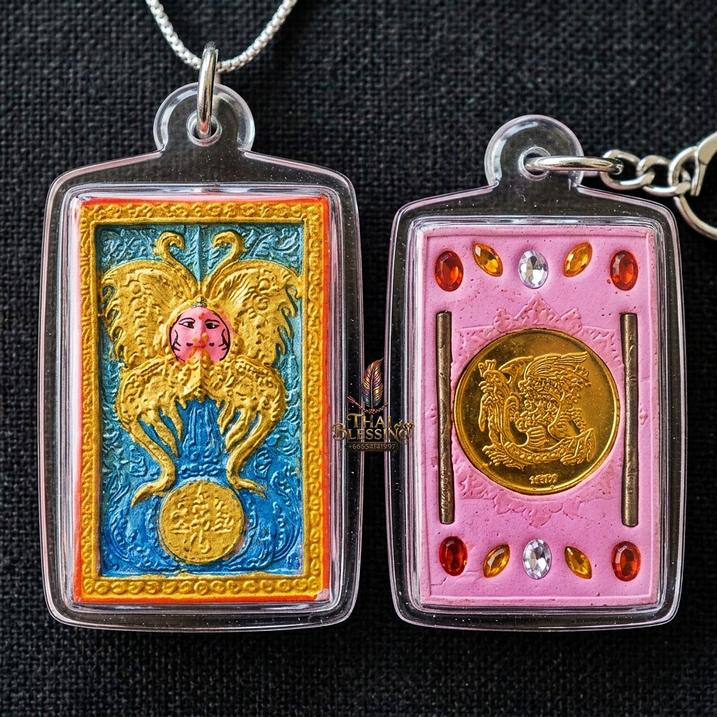 Authentic Thai Amulet "King of Butterflies Thep Chamlaeng Phamon Sacred Pink Powder Pendant" Consecrated by Kruba Krissana Intawanno, Weruwan Monastery B.E. 2555 (2012) - Encrusted with Gemstones, Dual Takrut & Sacred Gold Coin Insert