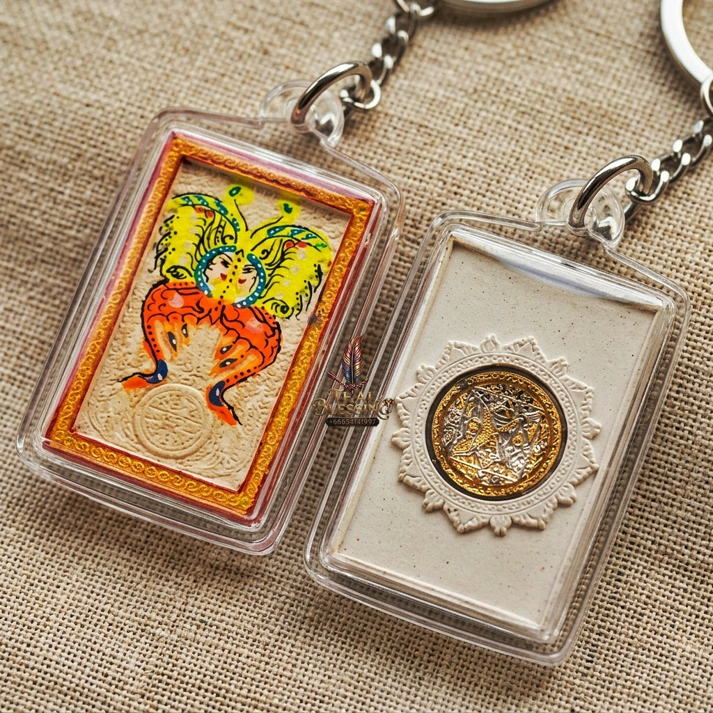 Authentic Thai Amulet "King of Butterflies Thep Chamlaeng Phamon Sacred White Powder Pendant" Consecrated by Kruba Krissana Intawanno, Weruwan Monastery B.E. 2555 (2012) - Hand-Painted with Two-Tone Gold & Silver Sacred Medallion Insert