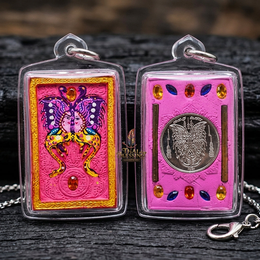 Authentic Thai Amulet "King of Butterflies Thep Chamlaeng Phamon Sacred Pink Powder Pendant" Consecrated by Kruba Krissana Intawanno, Weruwan Monastery B.E. 2555 (2012) - Encrusted with Gemstones, Dual Takrut & Sacred Silver Butterfly Coin