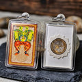 Authentic Thai Amulet "King of Butterflies Thep Chamlaeng Phamon Sacred White Powder Pendant" Consecrated by Kruba Krissana Intawanno, Weruwan Monastery B.E. 2555 (2012) - Hand-Painted with Two-Tone Gold & Silver Sacred Medallion Insert