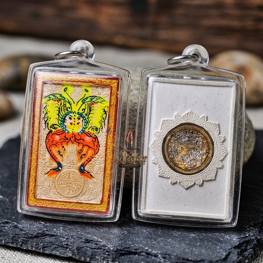 Authentic Thai Amulet "King of Butterflies Thep Chamlaeng Phamon Sacred White Powder Pendant" Consecrated by Kruba Krissana Intawanno, Weruwan Monastery B.E. 2555 (2012) - Hand-Painted with Two-Tone Gold & Silver Sacred Medallion Insert