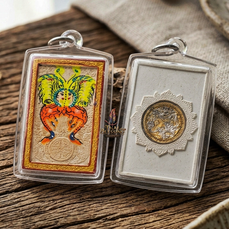 Authentic Thai Amulet "King of Butterflies Thep Chamlaeng Phamon Sacred White Powder Pendant" Consecrated by Kruba Krissana Intawanno, Weruwan Monastery B.E. 2555 (2012) - Hand-Painted with Two-Tone Gold & Silver Sacred Medallion Insert