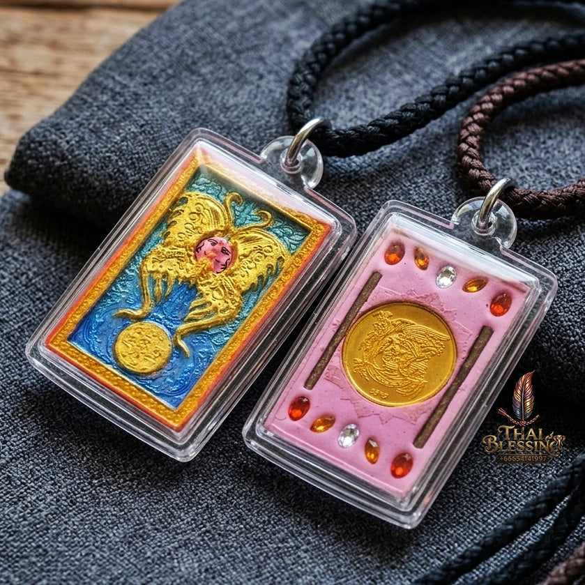 Authentic Thai Amulet "King of Butterflies Thep Chamlaeng Phamon Sacred Pink Powder Pendant" Consecrated by Kruba Krissana Intawanno, Weruwan Monastery B.E. 2555 (2012) - Encrusted with Gemstones, Dual Takrut & Sacred Gold Coin Insert
