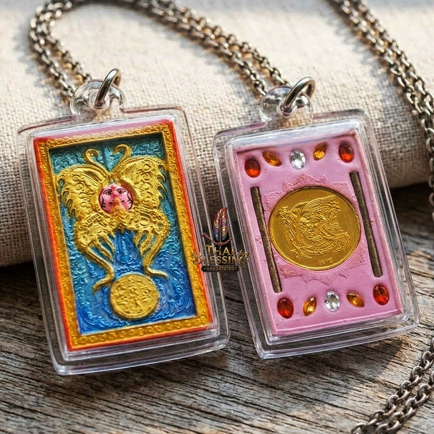 Authentic Thai Amulet "King of Butterflies Thep Chamlaeng Phamon Sacred Pink Powder Pendant" Consecrated by Kruba Krissana Intawanno, Weruwan Monastery B.E. 2555 (2012) - Encrusted with Gemstones, Dual Takrut & Sacred Gold Coin Insert
