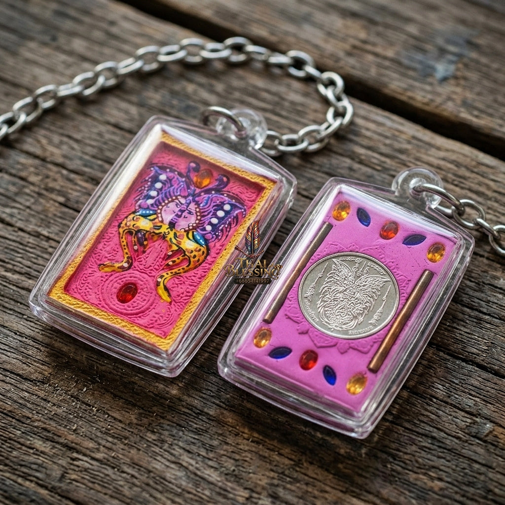 Authentic Thai Amulet "King of Butterflies Thep Chamlaeng Phamon Sacred Pink Powder Pendant" Consecrated by Kruba Krissana Intawanno, Weruwan Monastery B.E. 2555 (2012) - Encrusted with Gemstones, Dual Takrut & Sacred Silver Butterfly Coin