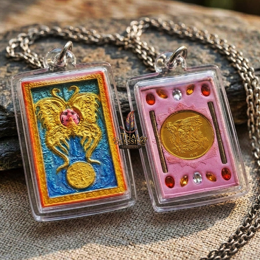 Authentic Thai Amulet "King of Butterflies Thep Chamlaeng Phamon Sacred Pink Powder Pendant" Consecrated by Kruba Krissana Intawanno, Weruwan Monastery B.E. 2555 (2012) - Encrusted with Gemstones, Dual Takrut & Sacred Gold Coin Insert