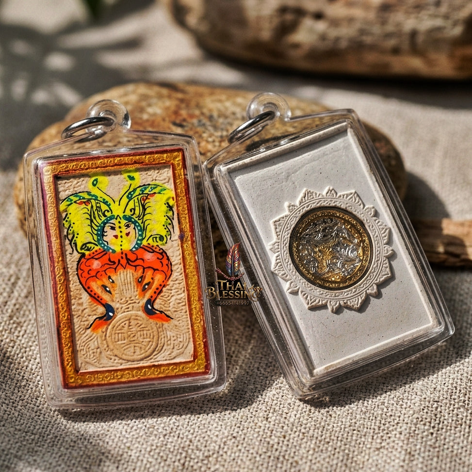 Authentic Thai Amulet "King of Butterflies Thep Chamlaeng Phamon Sacred White Powder Pendant" Consecrated by Kruba Krissana Intawanno, Weruwan Monastery B.E. 2555 (2012) - Hand-Painted with Two-Tone Gold & Silver Sacred Medallion Insert