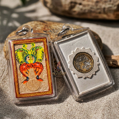 Authentic Thai Amulet "King of Butterflies Thep Chamlaeng Phamon Sacred White Powder Pendant" Consecrated by Kruba Krissana Intawanno, Weruwan Monastery B.E. 2555 (2012) - Hand-Painted with Two-Tone Gold & Silver Sacred Medallion Insert