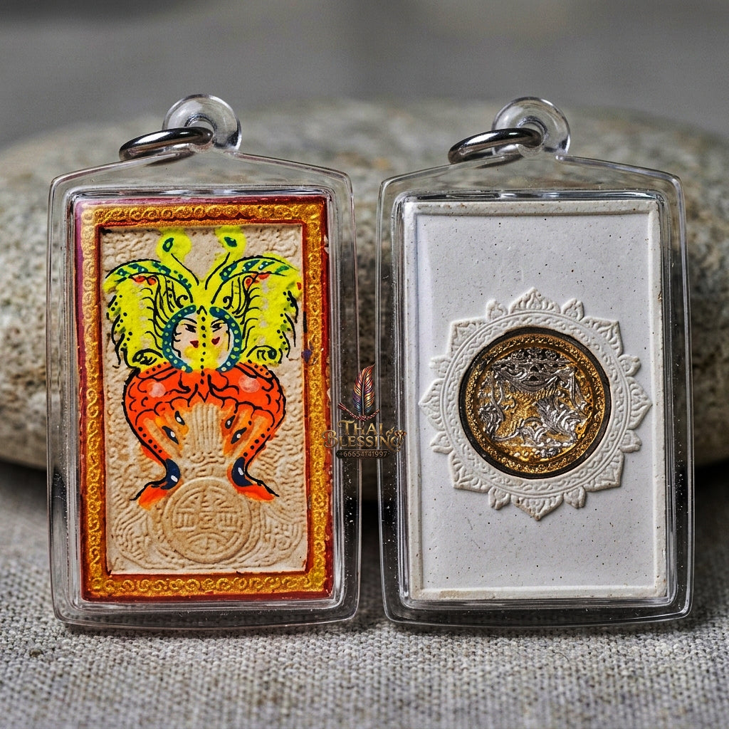 Authentic Thai Amulet "King of Butterflies Thep Chamlaeng Phamon Sacred White Powder Pendant" Consecrated by Kruba Krissana Intawanno, Weruwan Monastery B.E. 2555 (2012) - Hand-Painted with Two-Tone Gold & Silver Sacred Medallion Insert