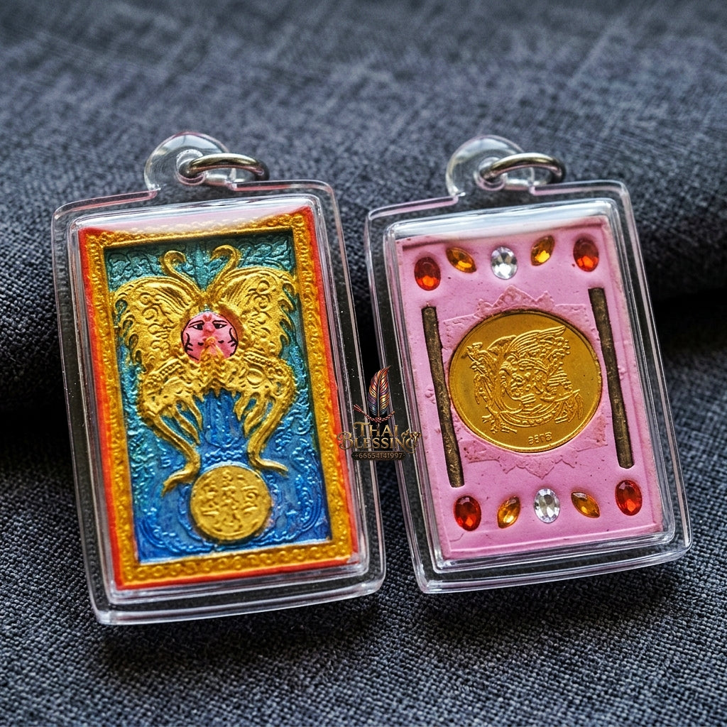 Authentic Thai Amulet "King of Butterflies Thep Chamlaeng Phamon Sacred Pink Powder Pendant" Consecrated by Kruba Krissana Intawanno, Weruwan Monastery B.E. 2555 (2012) - Encrusted with Gemstones, Dual Takrut & Sacred Gold Coin Insert