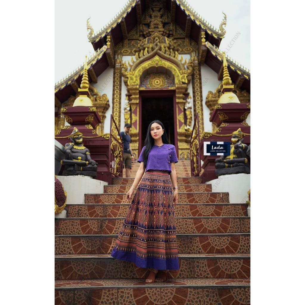 Tie-Dye 2-Piece Set: Short Thai Blouse & 6-Piece Pleated Skirt in 4 Colors for Modest Ethnic Fashion ม่วง