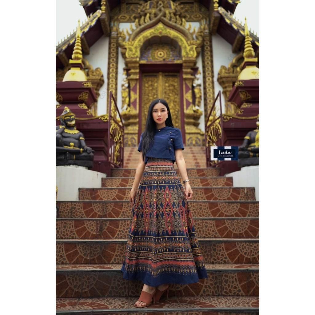 Tie-Dye 2-Piece Set: Short Thai Blouse & 6-Piece Pleated Skirt in 4 Colors for Modest Ethnic Fashion