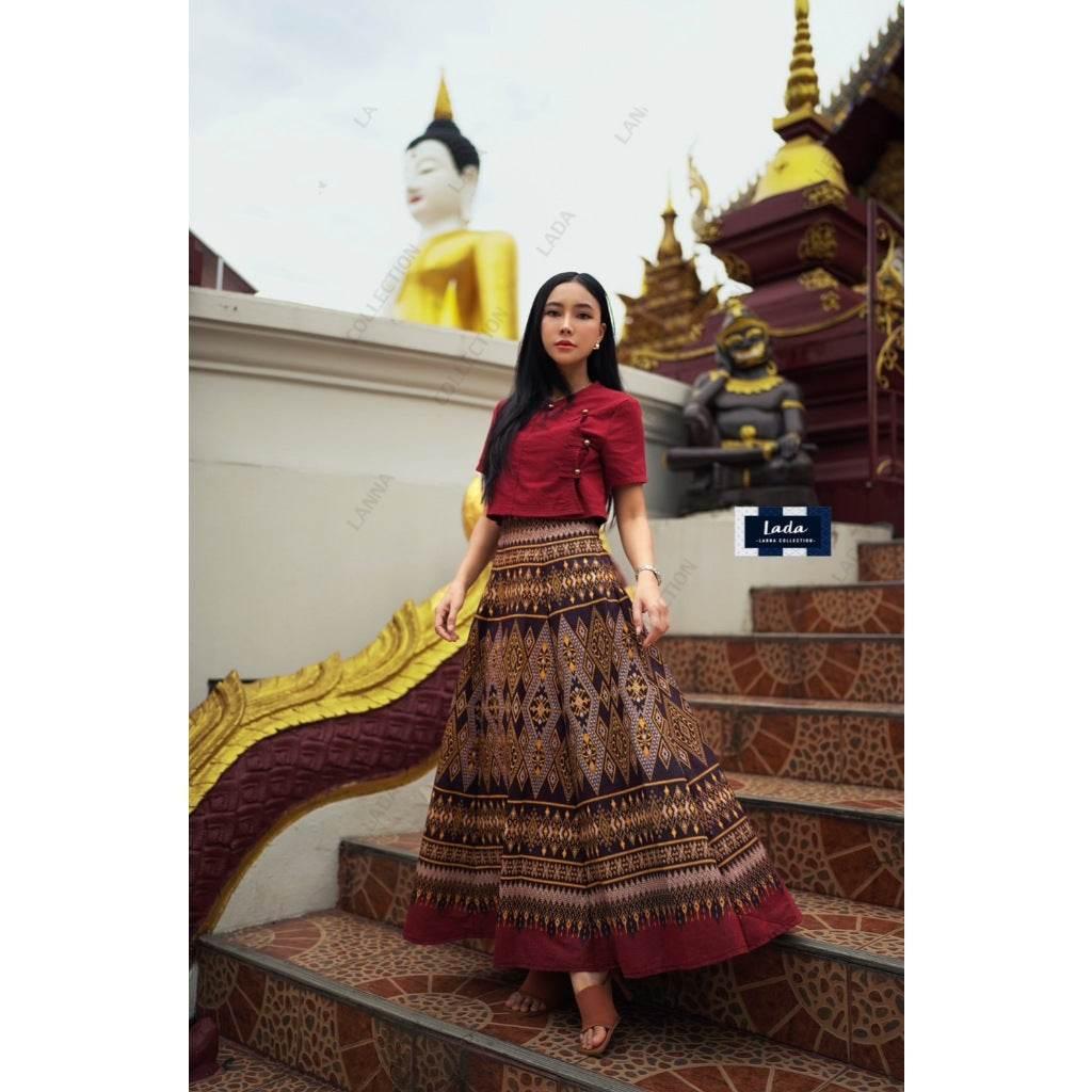 Tie-Dye 2-Piece Set: Short Thai Blouse & 6-Piece Pleated Skirt in 4 Colors for Modest Ethnic Fashion