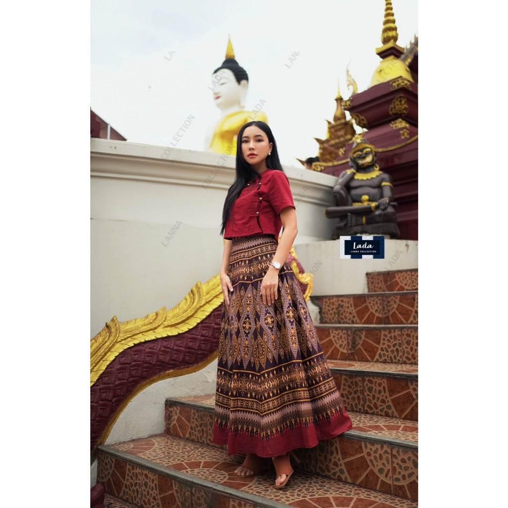 Tie-Dye 2-Piece Set: Short Thai Blouse & 6-Piece Pleated Skirt in 4 Colors for Modest Ethnic Fashion แดงไวน์