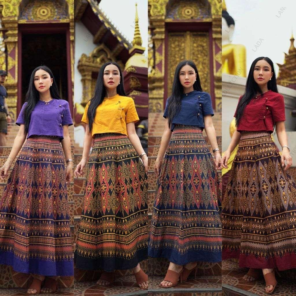 Tie-Dye 2-Piece Set: Short Thai Blouse & 6-Piece Pleated Skirt in 4 Colors for Modest Ethnic Fashion