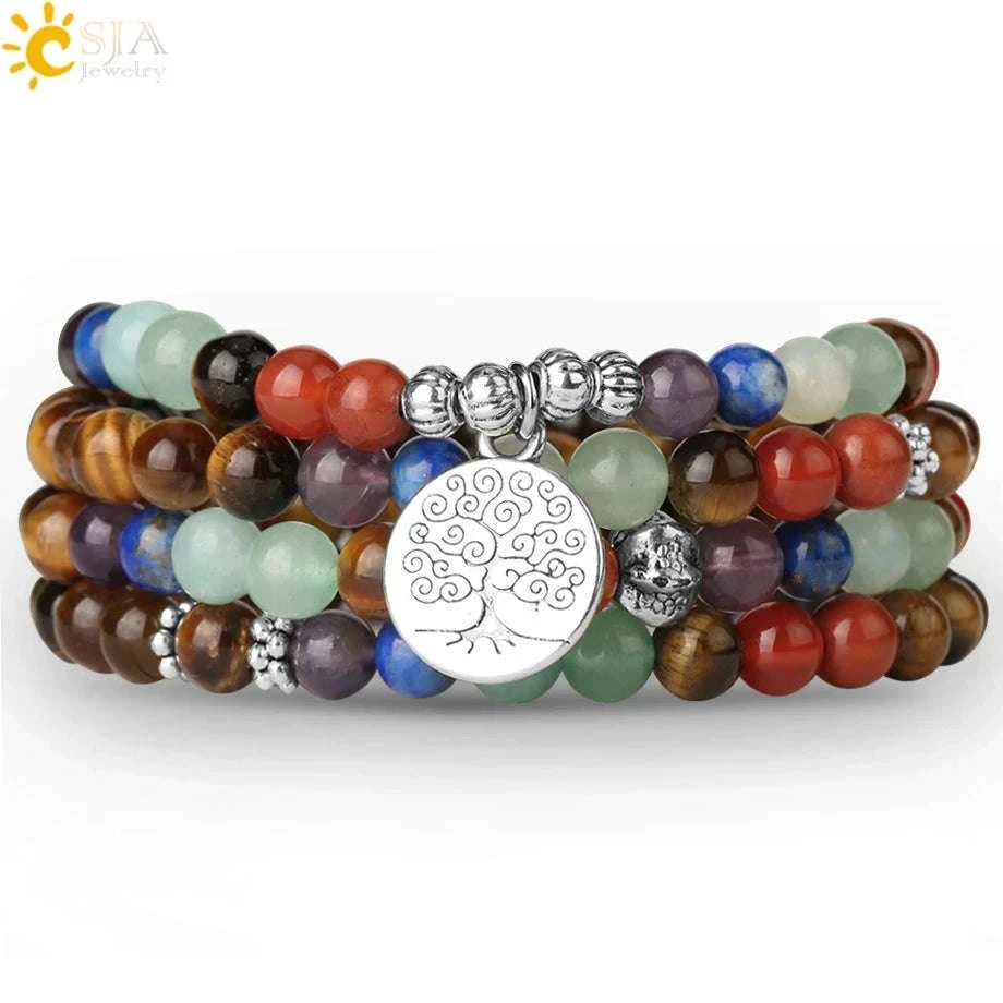 ✨ Tiger Eye 7 Chakras 108 Mala Bracelet – Natural Stone 6mm Beaded Tibetan Buddhist Yoga Jewelry