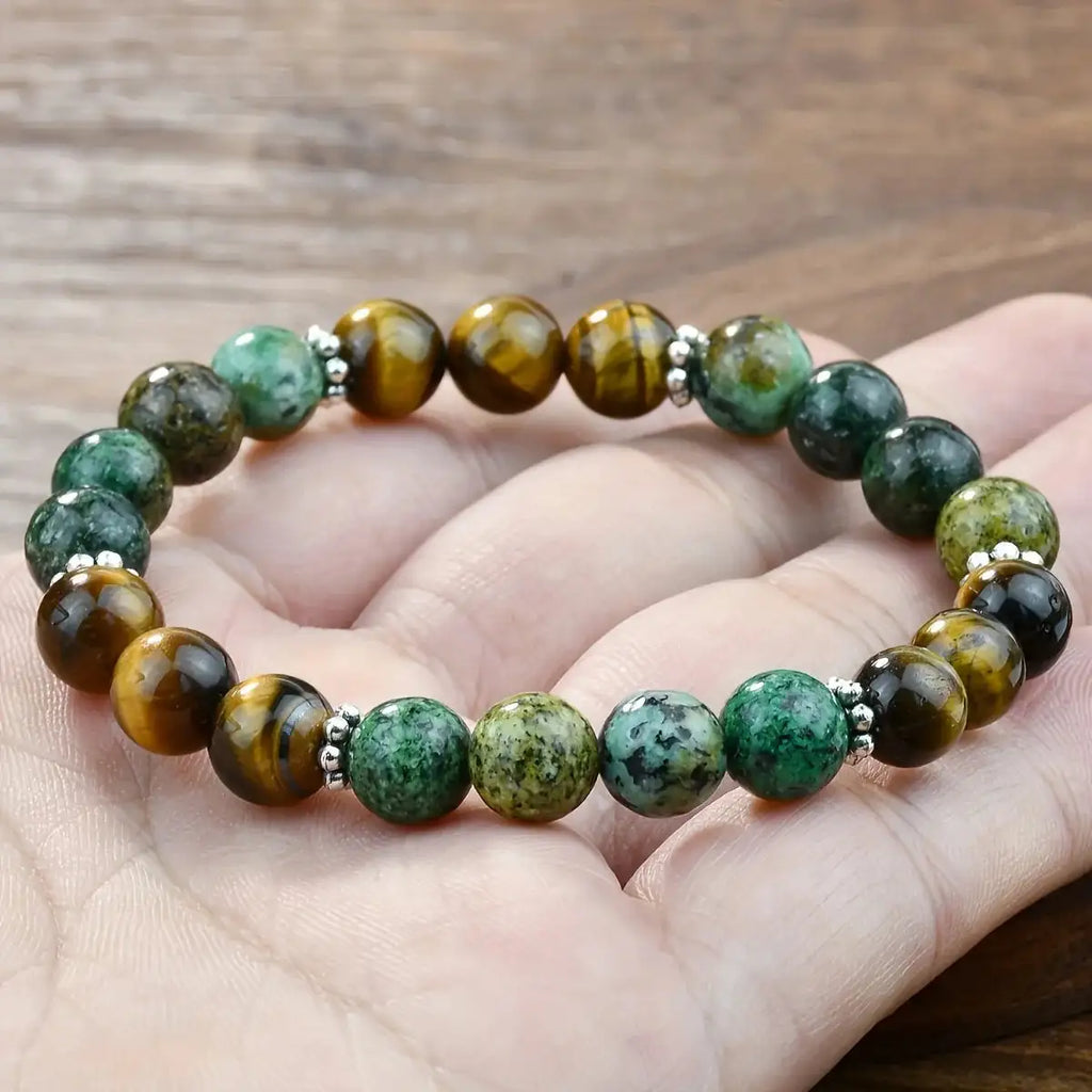 🌟 Tiger Eye and African Turquoise Beaded Elastic Bracelet – Confidence Booster & Energy Healing Prayer Bracelet