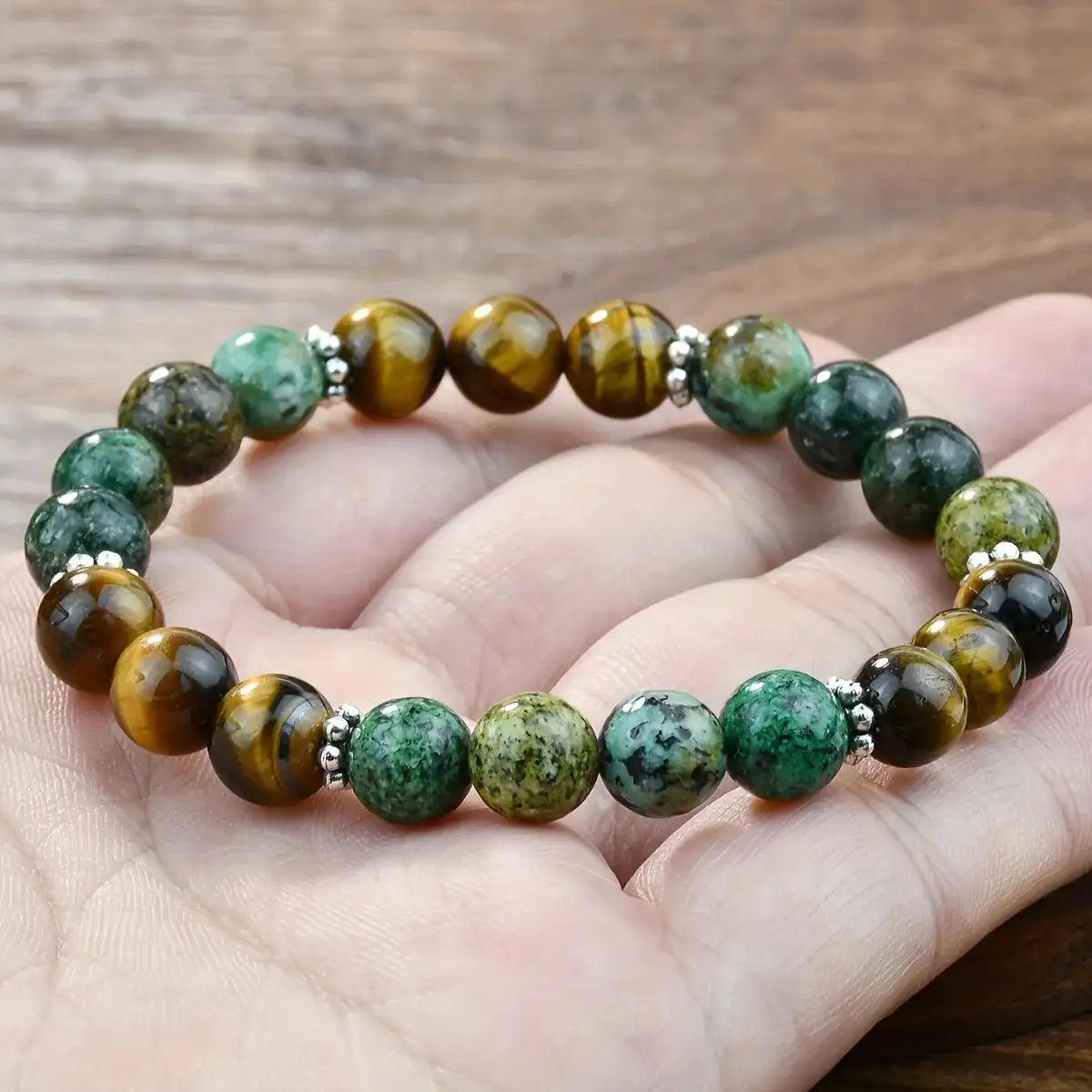 🌟 Tiger Eye and African Turquoise Beaded Elastic Bracelet – Confidence Booster & Energy Healing Prayer Bracelet