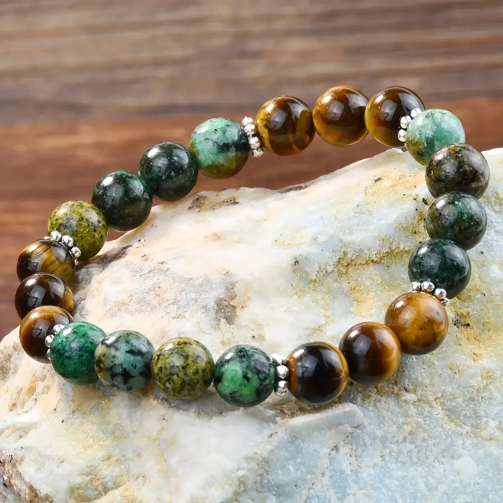 🌟 Tiger Eye and African Turquoise Beaded Elastic Bracelet – Confidence Booster & Energy Healing Prayer Bracelet