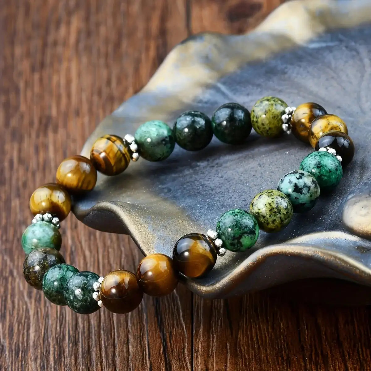 🌟 Tiger Eye and African Turquoise Beaded Elastic Bracelet – Confidence Booster & Energy Healing Prayer Bracelet