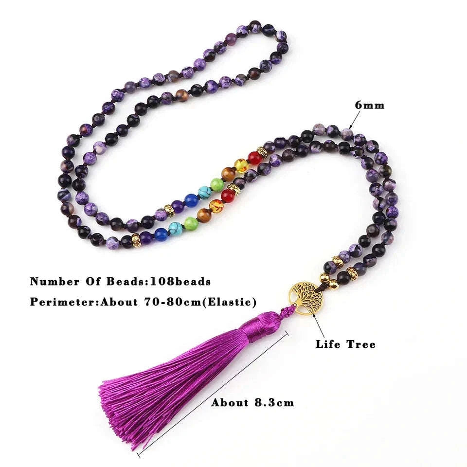 🐯 Tiger Eye & Black Onyx 108 Mala Necklace with Tree of Life Pendant – 7 Chakra Healing Crystal Beads & Protection Rosary Jewelry for Men & Women