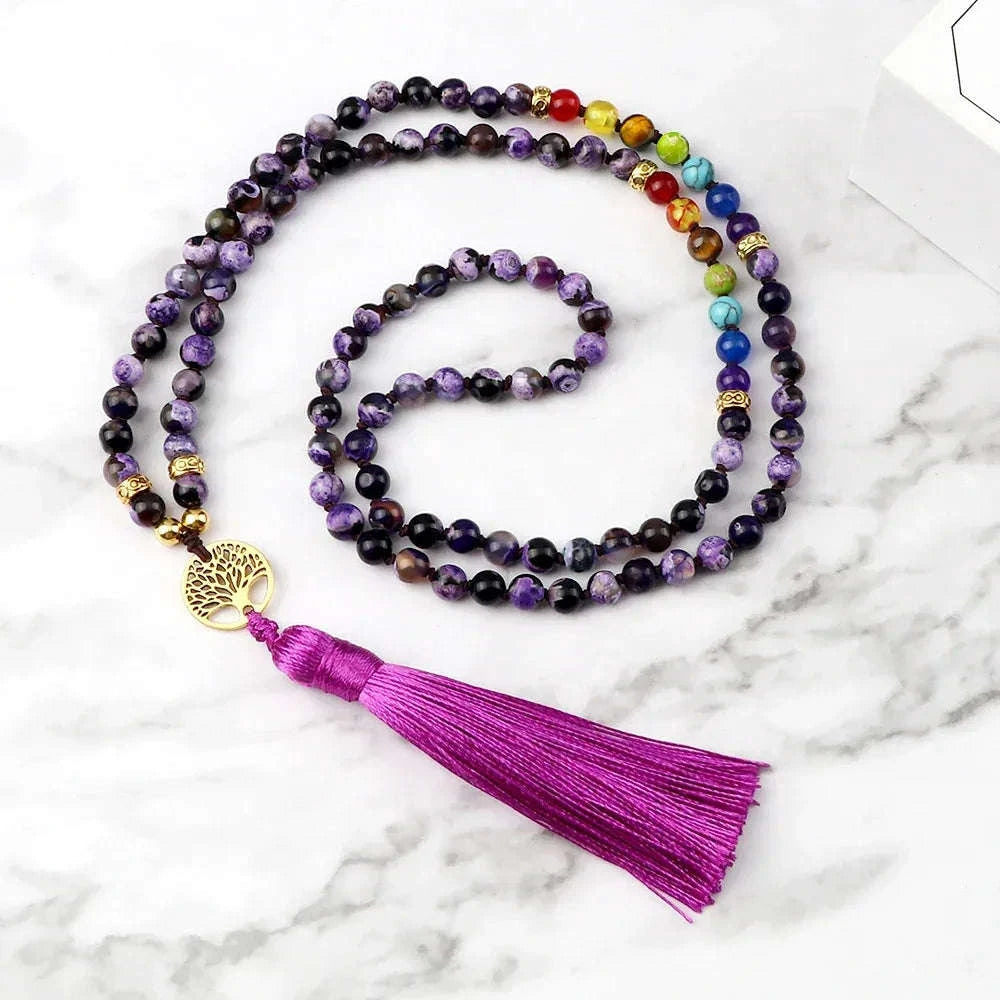 🐯 Tiger Eye & Black Onyx 108 Mala Necklace with Tree of Life Pendant – 7 Chakra Healing Crystal Beads & Protection Rosary Jewelry for Men & Women Purple Fire