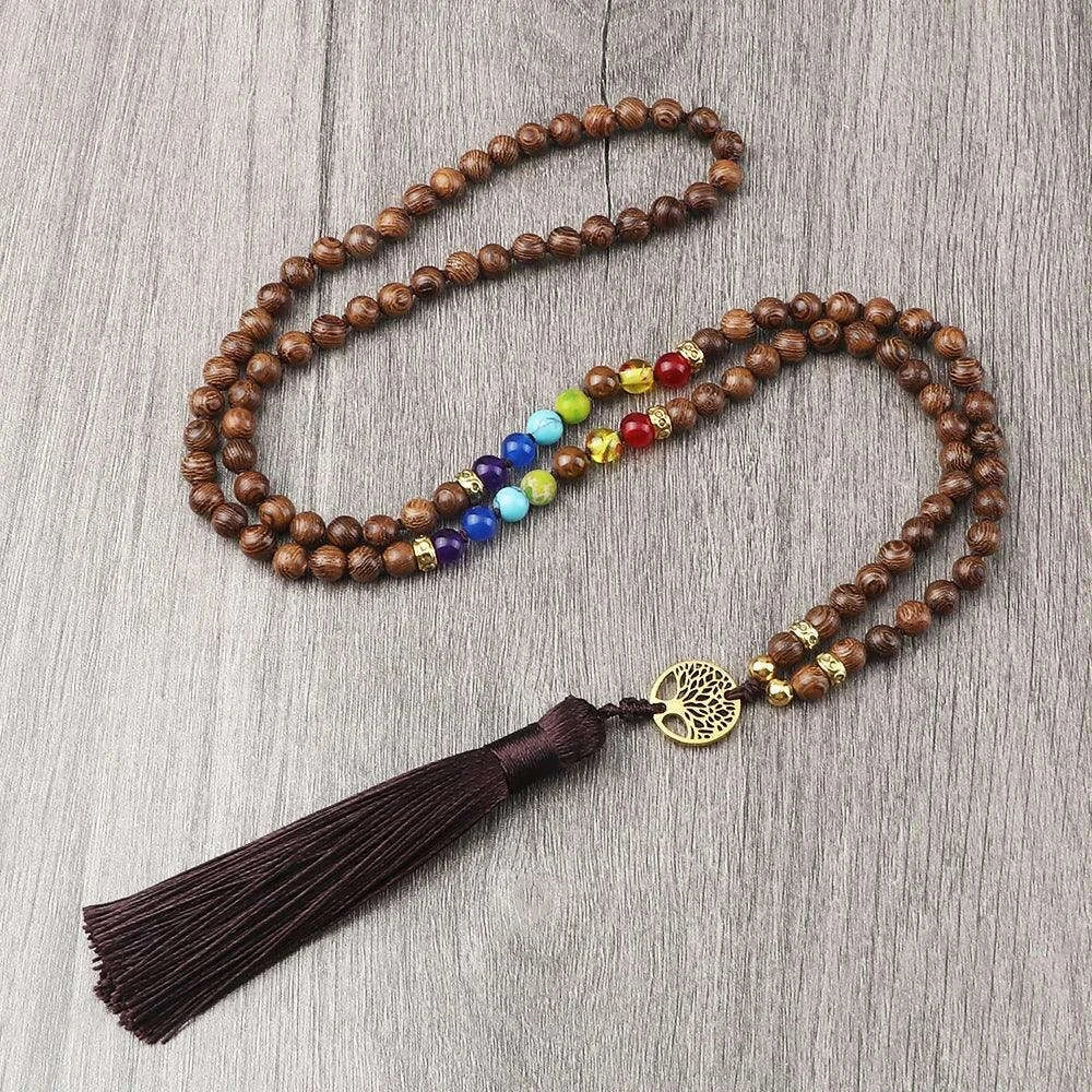 🐯 Tiger Eye & Black Onyx 108 Mala Necklace with Tree of Life Pendant – 7 Chakra Healing Crystal Beads & Protection Rosary Jewelry for Men & Women