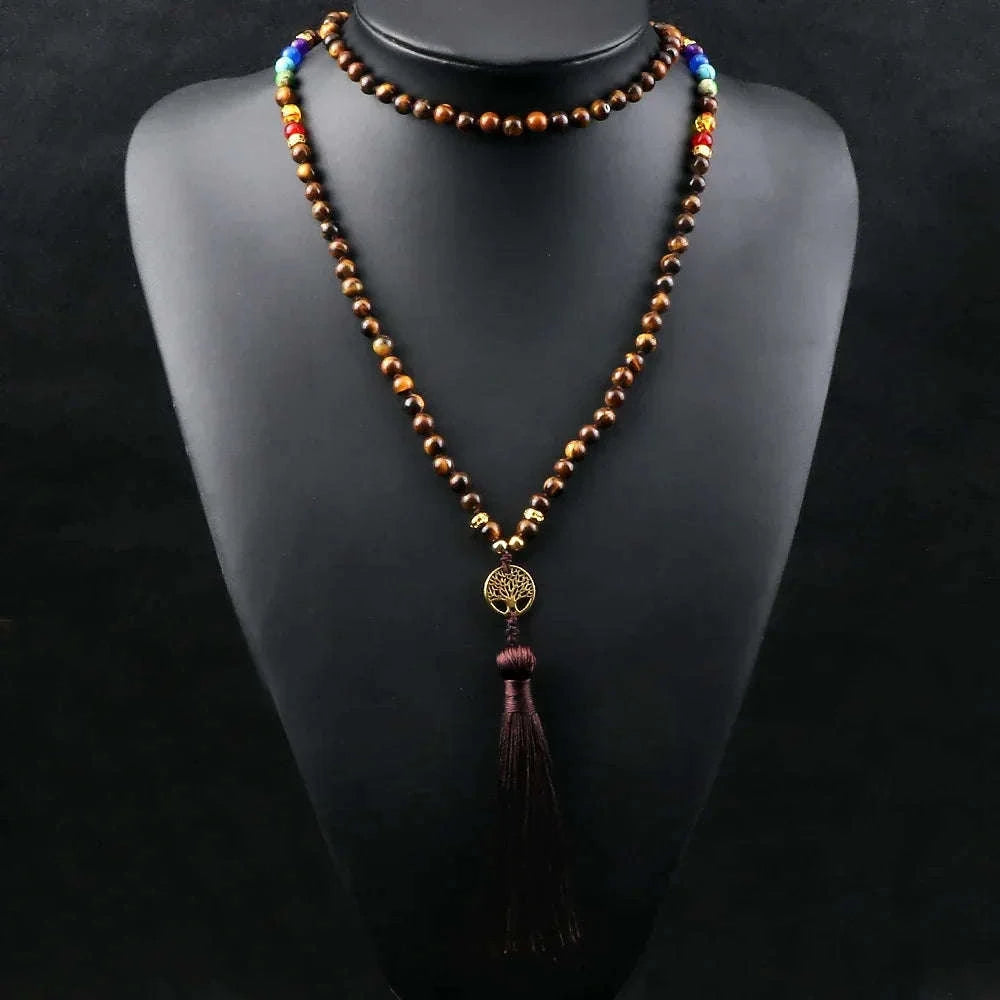 🐯 Tiger Eye & Black Onyx 108 Mala Necklace with Tree of Life Pendant – 7 Chakra Healing Crystal Beads & Protection Rosary Jewelry for Men & Women