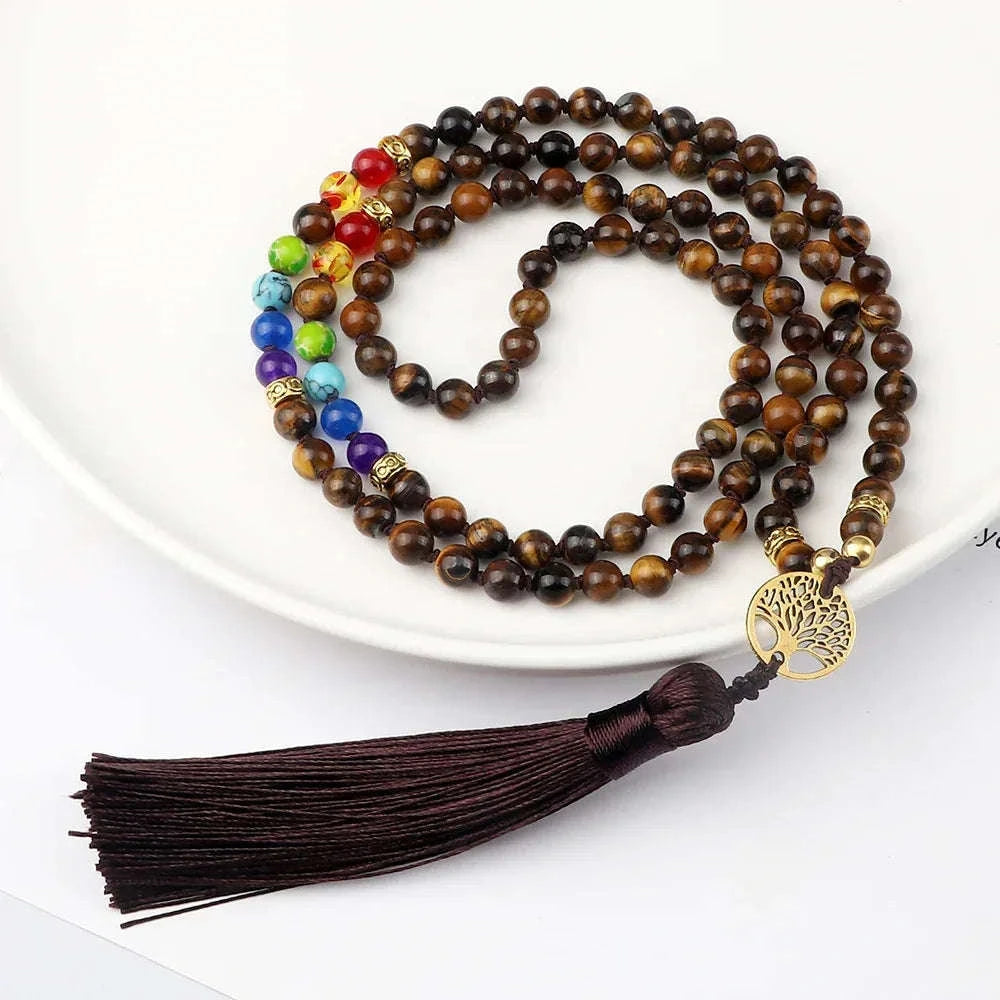 🐯 Tiger Eye & Black Onyx 108 Mala Necklace with Tree of Life Pendant – 7 Chakra Healing Crystal Beads & Protection Rosary Jewelry for Men & Women