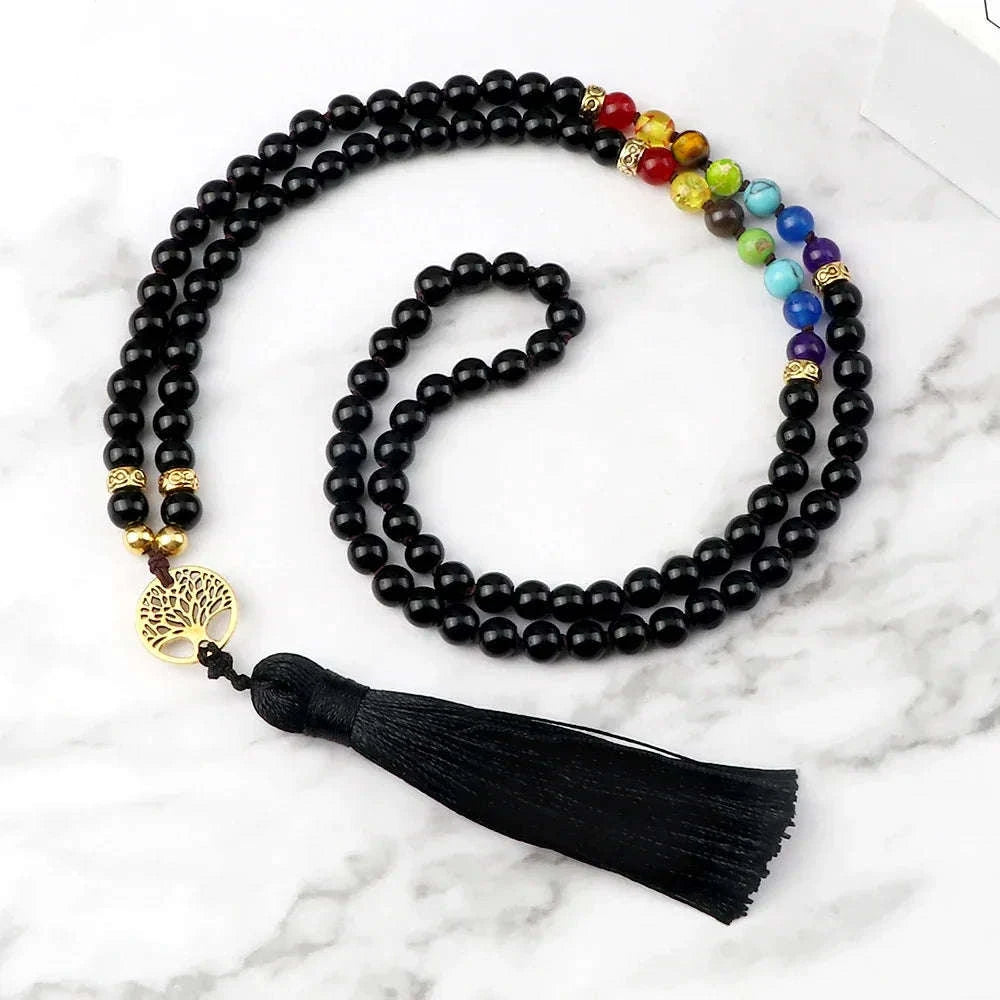 🐯 Tiger Eye & Black Onyx 108 Mala Necklace with Tree of Life Pendant – 7 Chakra Healing Crystal Beads & Protection Rosary Jewelry for Men & Women Bright Black