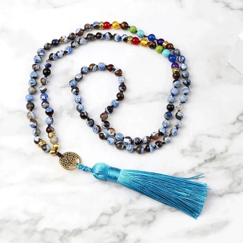 🐯 Tiger Eye & Black Onyx 108 Mala Necklace with Tree of Life Pendant – 7 Chakra Healing Crystal Beads & Protection Rosary Jewelry for Men & Women Blue Fire