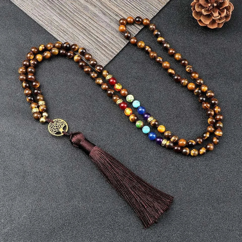 🐯 Tiger Eye & Black Onyx 108 Mala Necklace with Tree of Life Pendant – 7 Chakra Healing Crystal Beads & Protection Rosary Jewelry for Men & Women