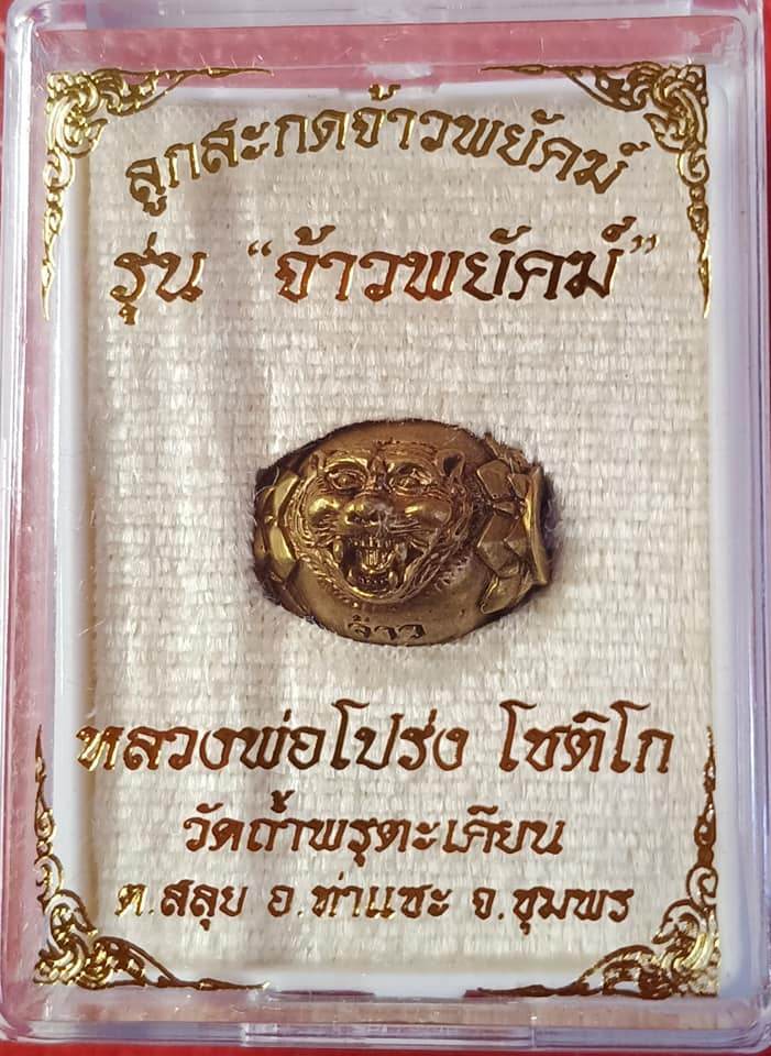 Tiger Guardian Amulet Thailand in gold color with intricate face design displayed in decorative packaging