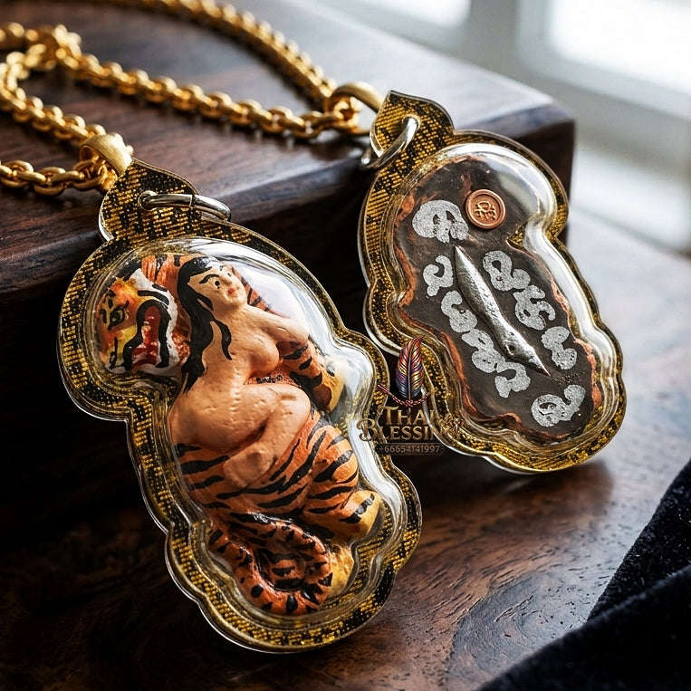 Tiger Pendant Thai Amulet Protection talisman good luck charm spiritual jewelry Sacred Hand-Painted Looking-Back Tiger & Leklai Earth Element Relic Phaya Suea Liao Lang Thai Blessing Co By RURUECHA
