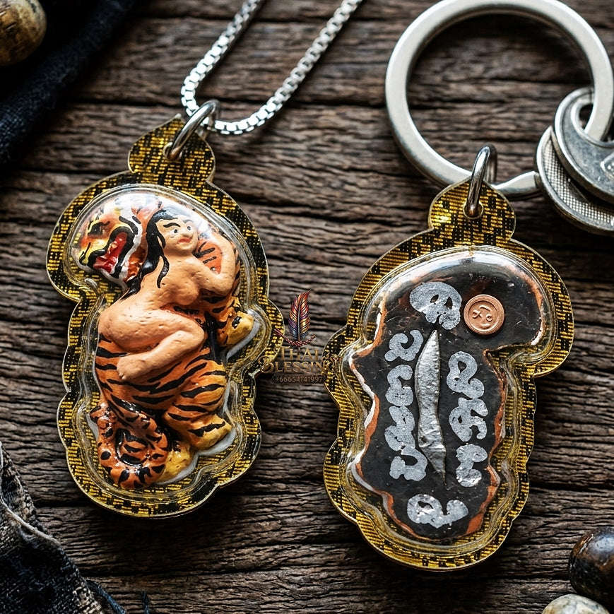 Tiger Pendant Thai Amulet Protection talisman good luck charm spiritual jewelry Sacred Hand-Painted Looking-Back Tiger & Leklai Earth Element Relic Phaya Suea Liao Lang Thai Blessing Co By RURUECHA