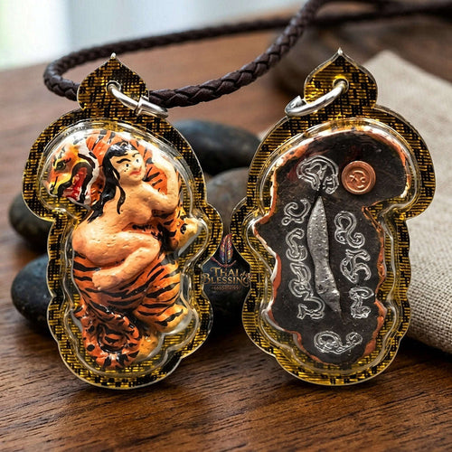 Tiger Pendant Thai Amulet Protection talisman good luck charm spiritual jewelry Sacred Hand-Painted Looking-Back Tiger & Leklai Earth Element Relic Phaya Suea Liao Lang Thai Blessing Co By RURUECHA