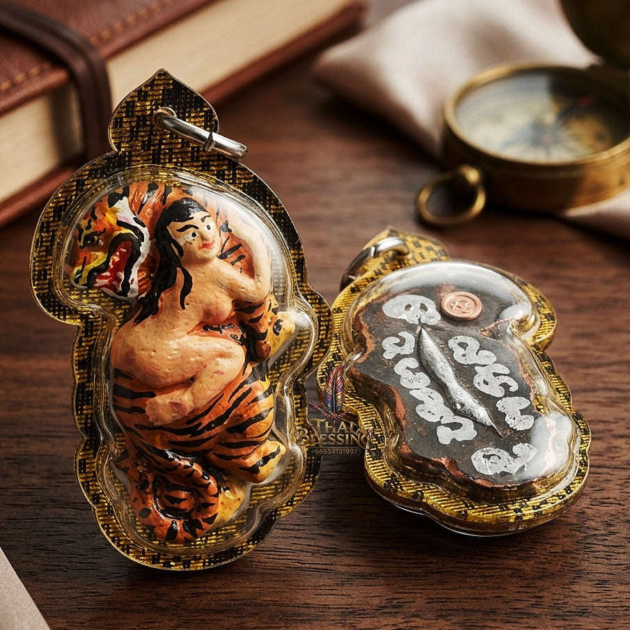 Tiger Pendant Thai Amulet Protection talisman good luck charm spiritual jewelry Sacred Hand-Painted Looking-Back Tiger & Leklai Earth Element Relic Phaya Suea Liao Lang Thai Blessing Co By RURUECHA