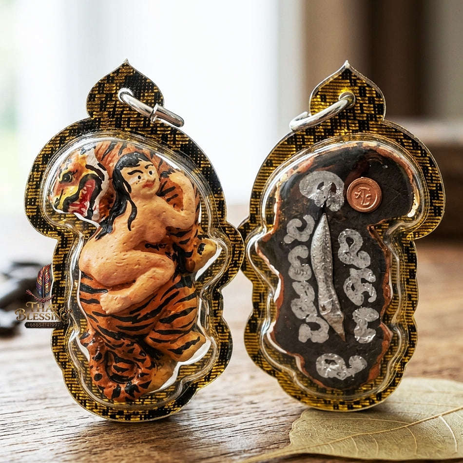 Tiger Pendant Thai Amulet Protection talisman good luck charm spiritual jewelry Sacred Hand-Painted Looking-Back Tiger & Leklai Earth Element Relic Phaya Suea Liao Lang Thai Blessing Co By RURUECHA