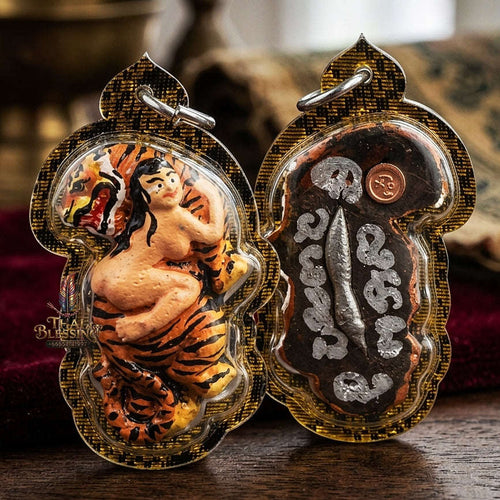 Tiger Pendant Thai Amulet Protection talisman good luck charm spiritual jewelry Sacred Hand-Painted Looking-Back Tiger & Leklai Earth Element Relic Phaya Suea Liao Lang Thai Blessing Co By RURUECHA