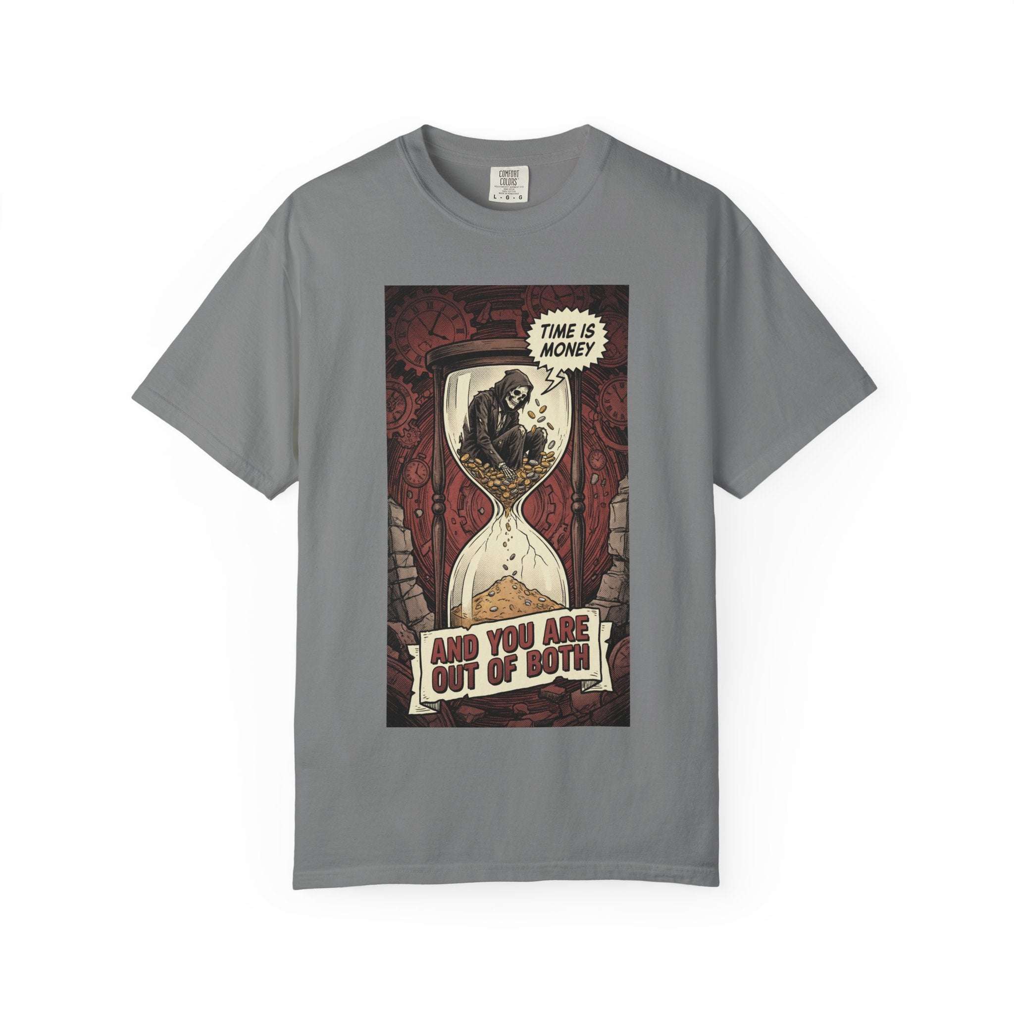 Time Is Money Shirt, Out of Both Grim Reaper Tee, Sarcastic Financial Satire Shirt, Vintage Grunge Hourglass Apparel, Dark Humor Philosophy Gift Grey