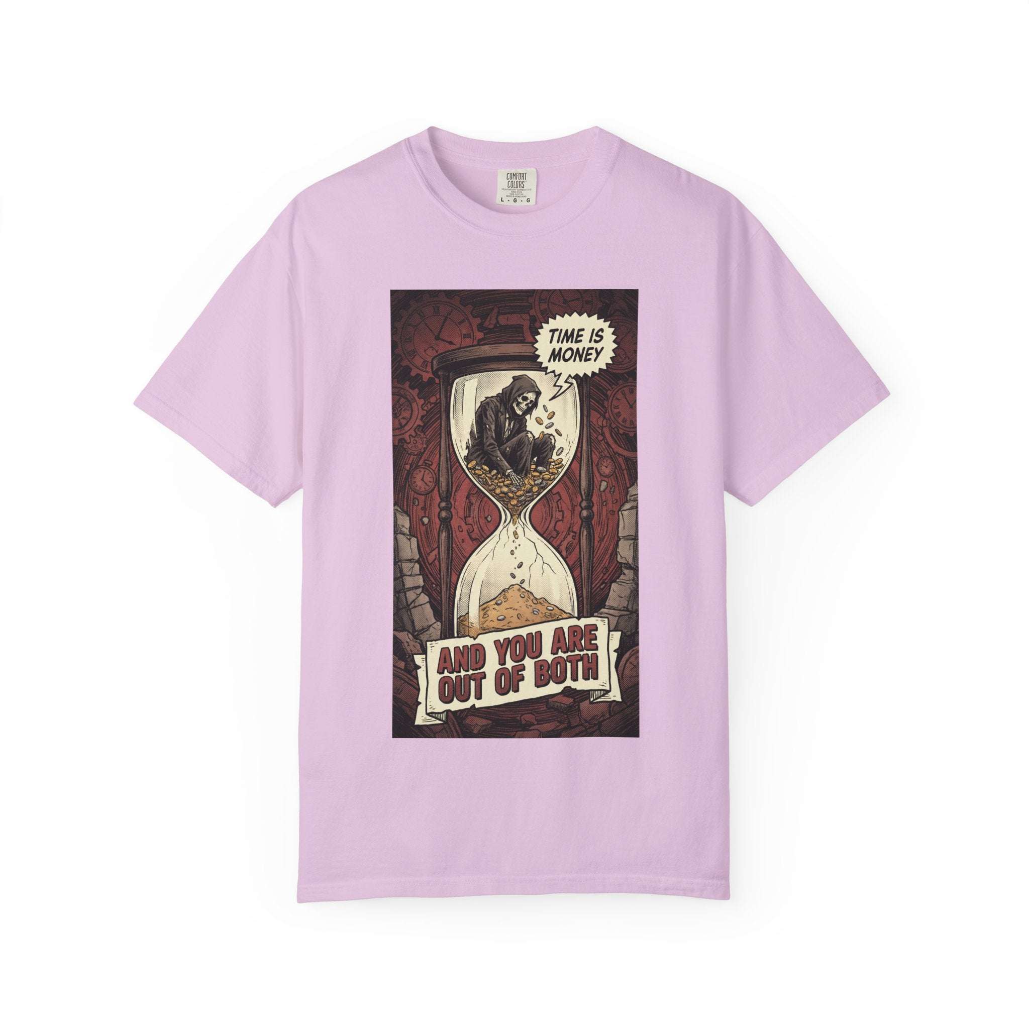 Time Is Money Shirt, Out of Both Grim Reaper Tee, Sarcastic Financial Satire Shirt, Vintage Grunge Hourglass Apparel, Dark Humor Philosophy Gift Orchid