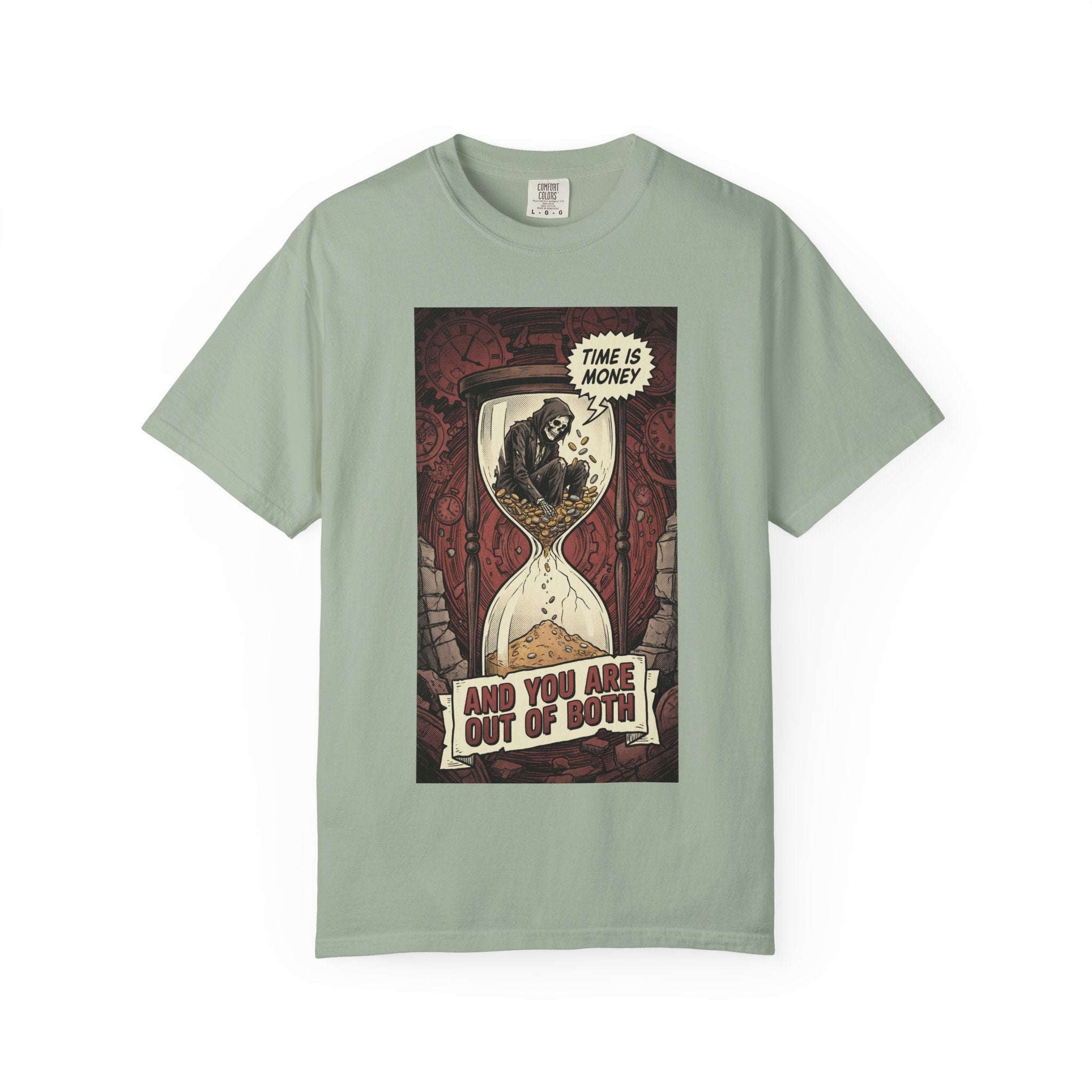 Time Is Money Shirt, Out of Both Grim Reaper Tee, Sarcastic Financial Satire Shirt, Vintage Grunge Hourglass Apparel, Dark Humor Philosophy Gift Bay
