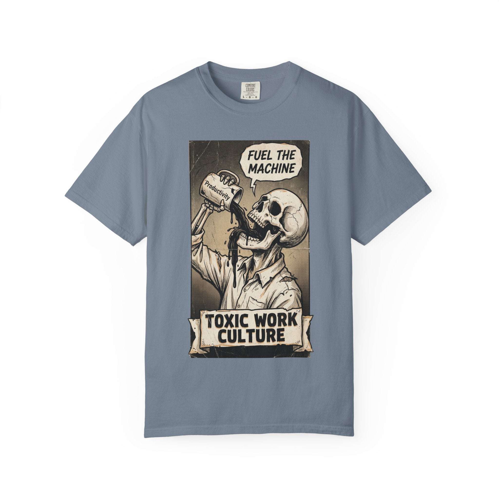 Toxic Work Culture Shirt, Fuel The Machine Skeleton Tee, Productivity Coffee Graphic, Sarcastic Office Worker Gift, Vintage Grunge Streetwear Blue Jean