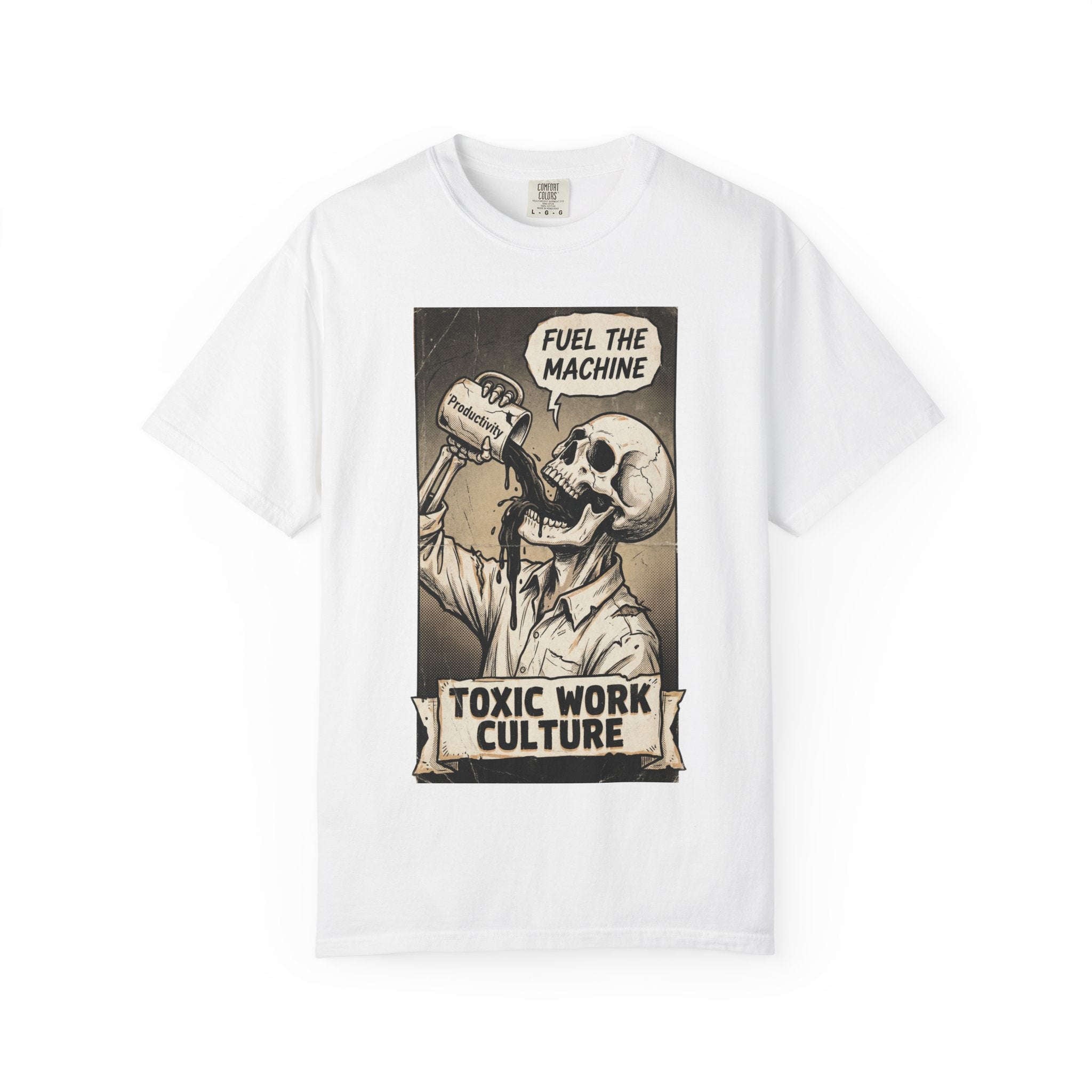 Toxic Work Culture Shirt, Fuel The Machine Skeleton Tee, Productivity Coffee Graphic, Sarcastic Office Worker Gift, Vintage Grunge Streetwear White