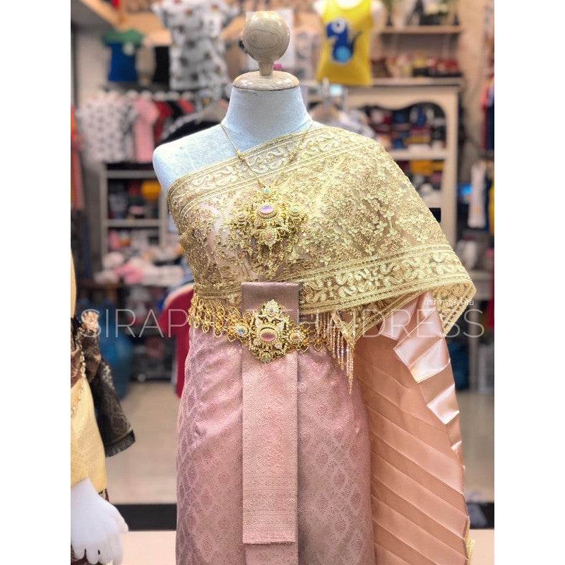 One-Sake.com Traditional Thai Wedding Dress Set with Gold Lace One-Sake.com Only set / - Accessories / - Only set / --Accessories / --