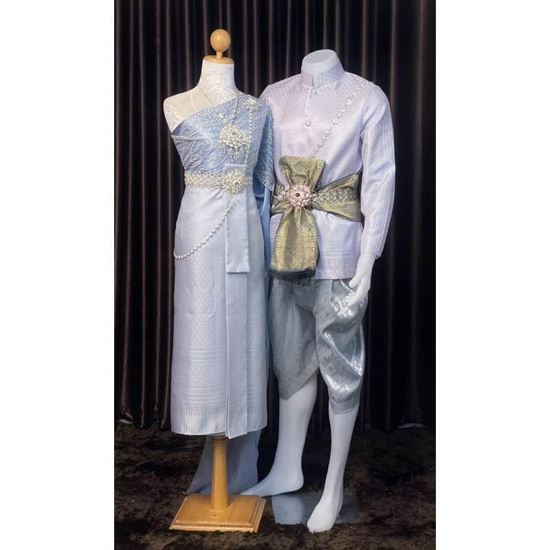 Thai Silver-Gray Wedding Set - Custom Traditional Thai Bridal Outfit for Men & Women with Jacket, Sarong & Sabai