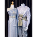Thai Silver-Gray Wedding Set - Custom Traditional Thai Bridal Outfit for Men & Women with Jacket, Sarong & Sabai