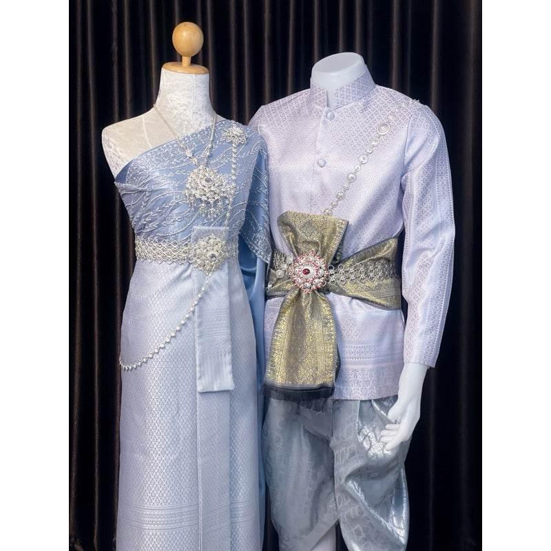 Thai Silver-Gray Wedding Set - Custom Traditional Thai Bridal Outfit for Men & Women with Jacket, Sarong & Sabai